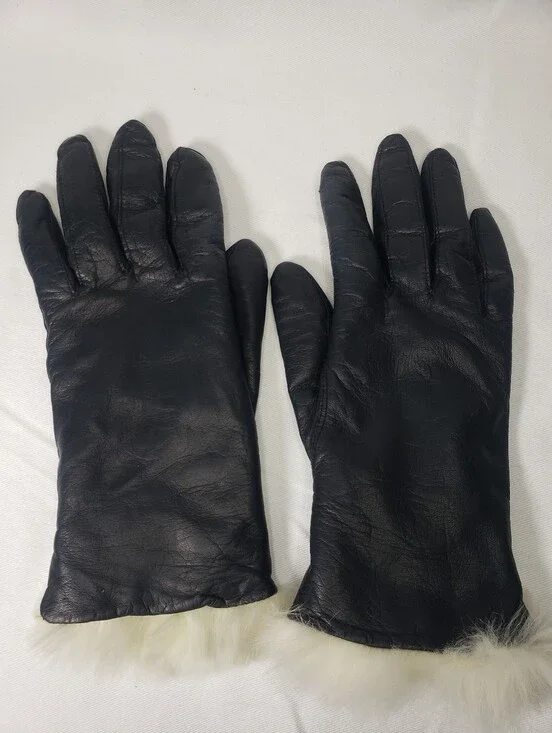 Fownes Black Genuine Leather Gloves Womens Size 6.5 White Fur Lined Cuff Trim