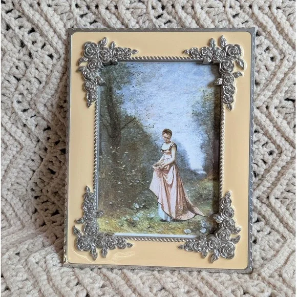 Vintage Enamel Rose Picture Frame 5x7 Silver Tone Floral Cream Yellow Scalloped