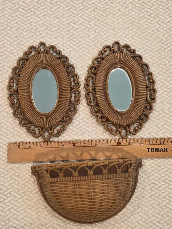 1970s Boho Vintage Oval Wall Mirrors And Wall Planter In Faux Wood Wicker