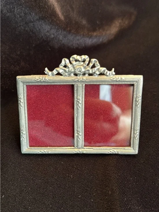 Tiny Vintage Double Picture Frame in Pewter with Red Velvet Insert