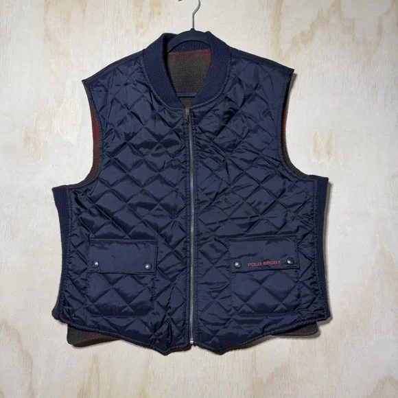 Vintage Polo Sport Ralph Lauren Reversible Vest Wool Plaid Quilted Men's XL