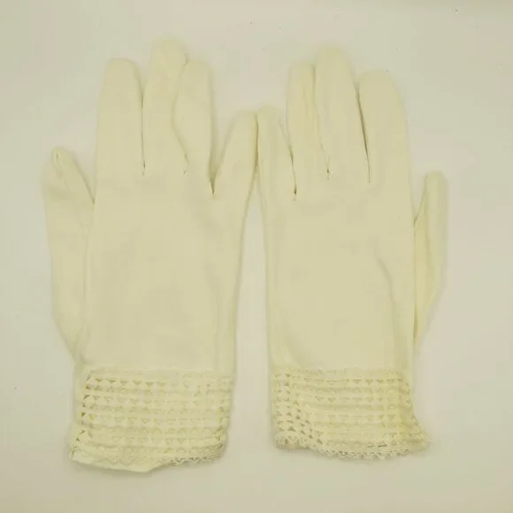 Ladies white nylon gloves with crochet detail at wrists – one size fits all