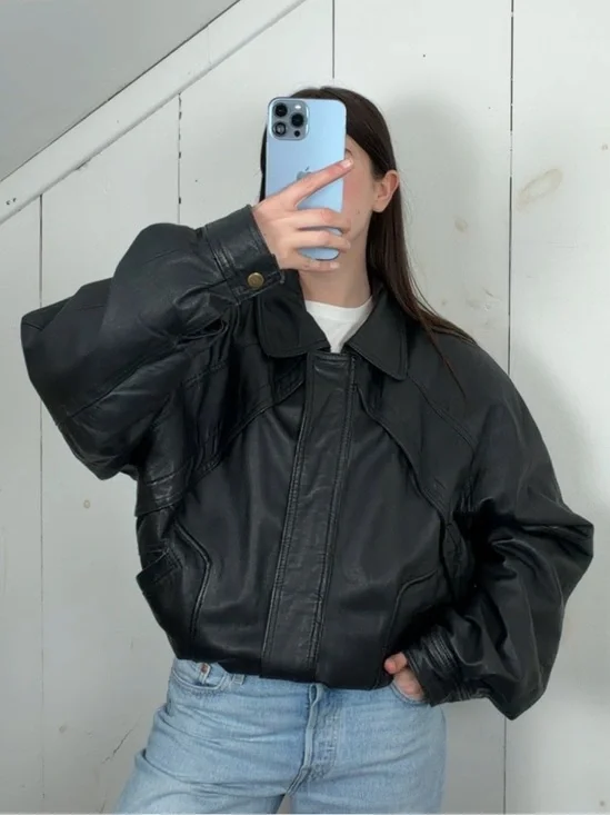 Vintage J.T. Black Genuine Leather Bomber Jacket Men’s Size Large Full Zip 90s