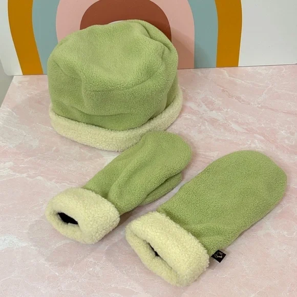 Soft Green Fleece Mittens with Cream Trim