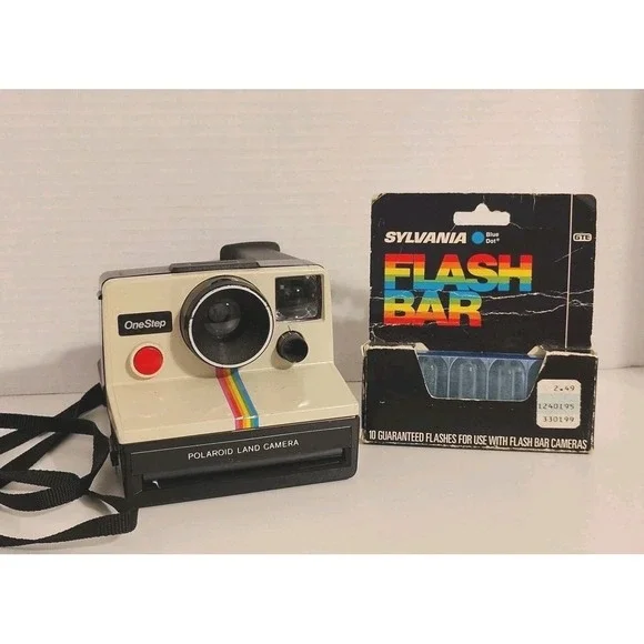 Original Polaroid SX-70 OneStep White Rainbow Stripe Land Camera & New Flashcube