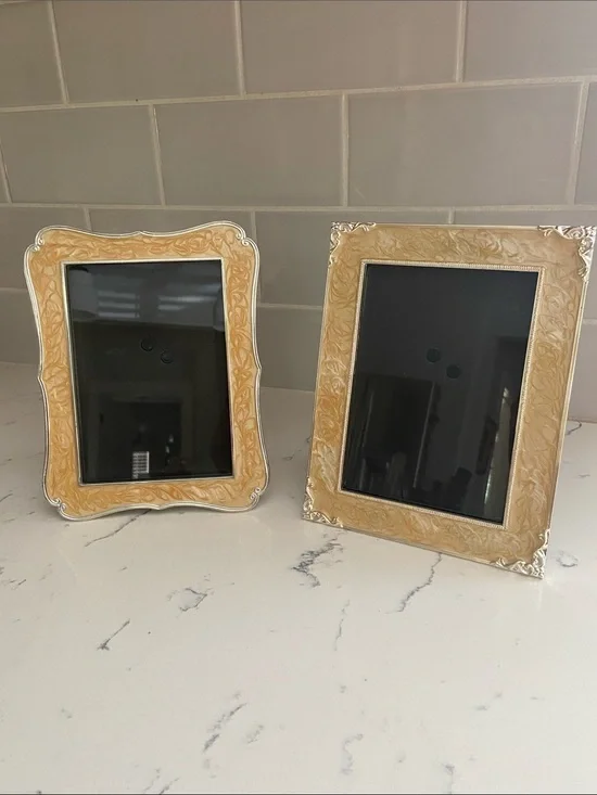 Set of 2 Decorative Marbled Picture Frames 4x6 Cream Silver Scroll Frames
