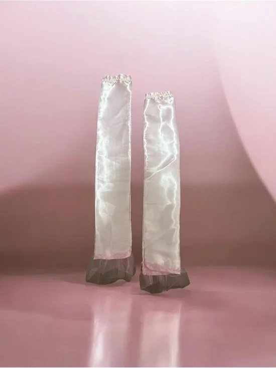 Sheer White Satin Opera Gloves with Pink Trim handmade