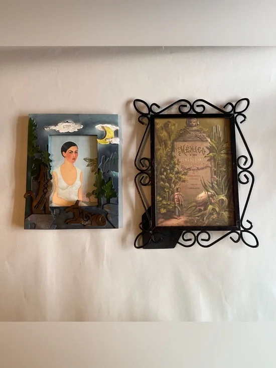 Vintage Chalkware and Metal Picture Photo Frames w/ Fine Art Prints-Set of 2