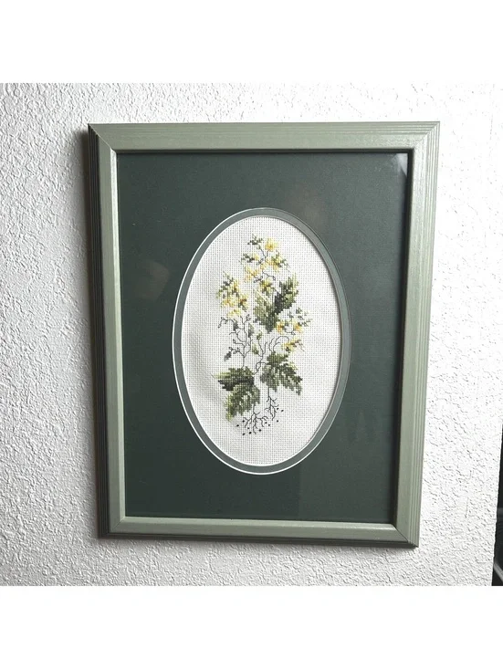 Vintage Framed Botanical Cross-Stitch with Green Frame