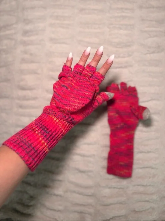 Pink Knit Fingerless Convertible Gloves