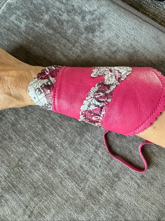 Pink Leather Wrist Cuff Glove with Silver Floral Accent