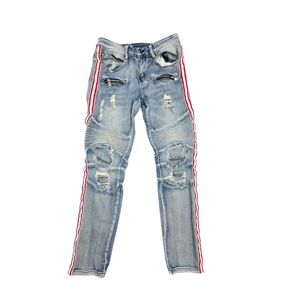Rue21 Premium Mens 28x30 Skinny Supreme Flex Moto‎ Distressed Side Stripe Jeans