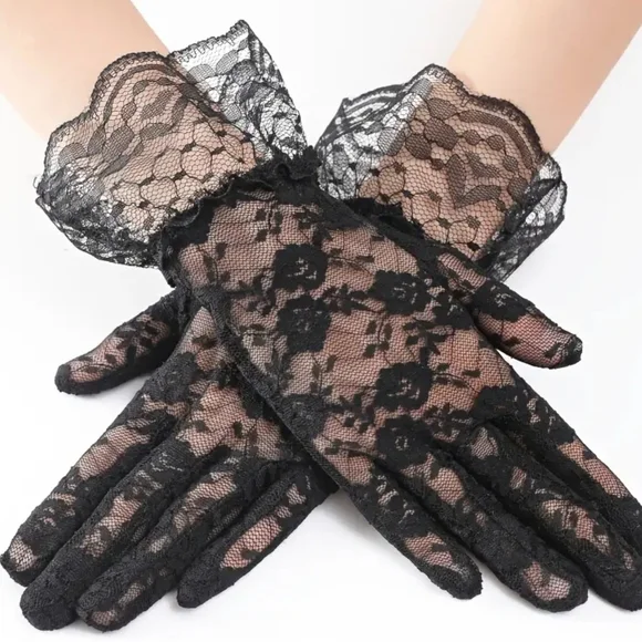 Beloved Millinery Black Lace Wrist-Length Elegant Ruffle Gloves Church Funeral
