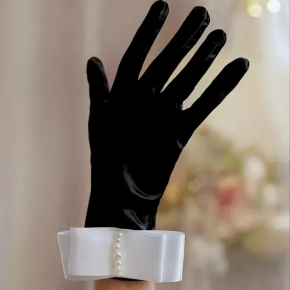 Elegant Black White Gloves Bow Pearls Bridal Tea Brunch Black Tie Church Funeral