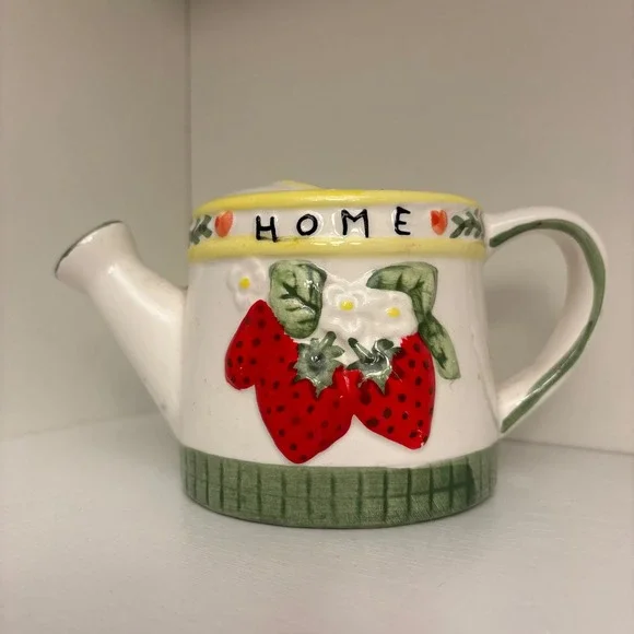 VTG Ceramic Strawberry HOME Watering Can Pitcher Cottagecore Decor as is
