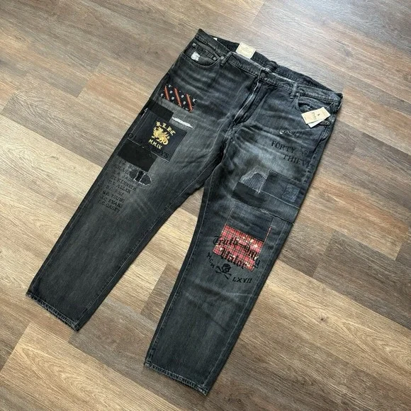 Polo Ralph Lauren Jeans Mens 44Bx30‎ Black Varick Slim Straight Patchwork Grunge