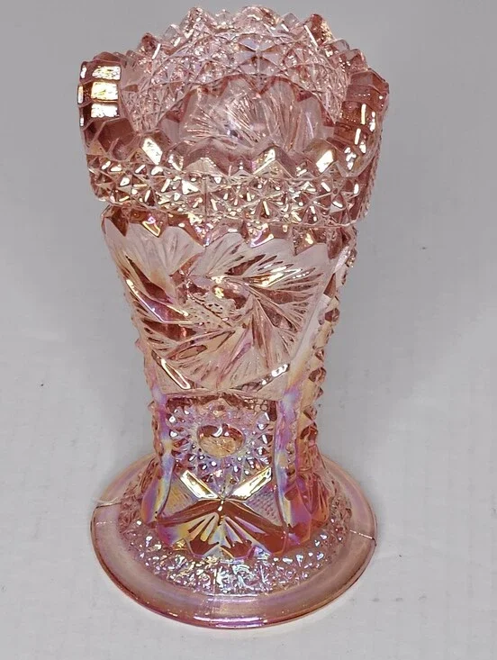 LE Smith Aztec Heritage Carnival Glass Whirling Star Vase Sawtooth Rim Pink