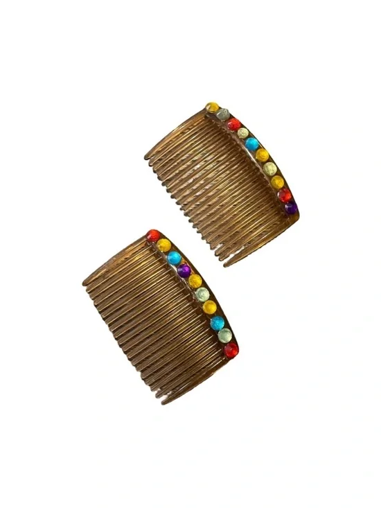 Vintage-Inspired Gold Tone Hair Combs Multicolor Gems Set of 2 FINAL PRICE DROP