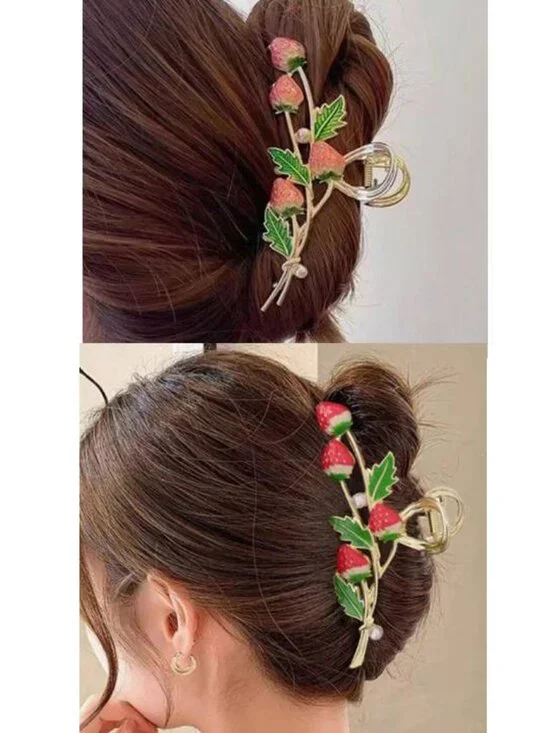 Strawberry Metal Claw Clip Set Pink & Red Elegant Womens Kids Hair Gift Set of 2