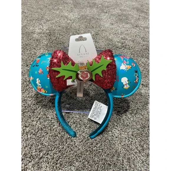 Disney Aulani Minnie Ears Headband Womens Turquoise New Aloha Kalikimaka Sequin