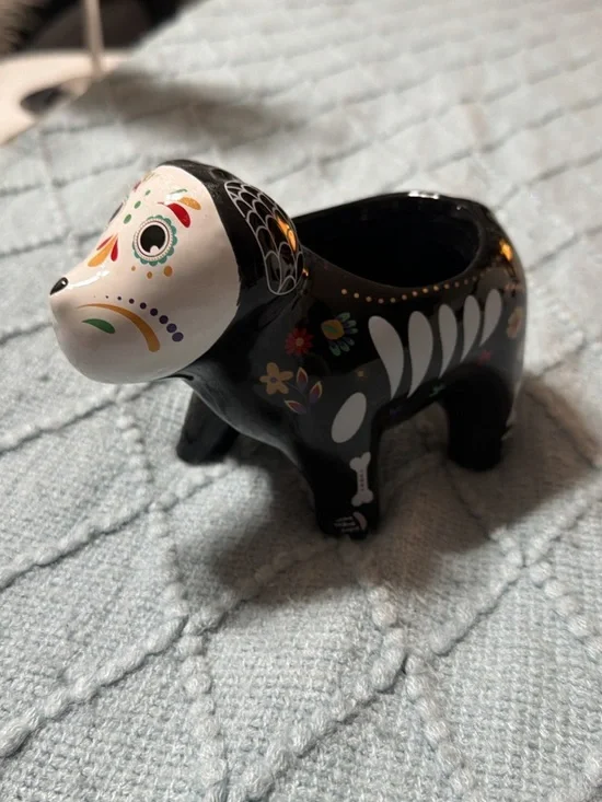 Hand-Painted Day of the Dead Black Ceramic Dog Planter
