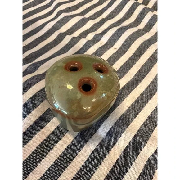 Studio Pottery Signed Sage Green Brown Drip Glaze 3-Hole Flower Frog Bud Vase