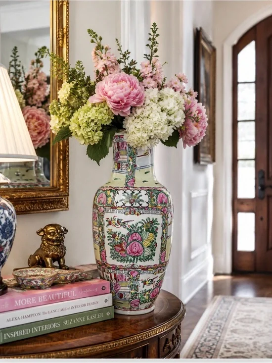 Floral Pink and White Porcelain Decorative Vase. Rose Medallion 18”