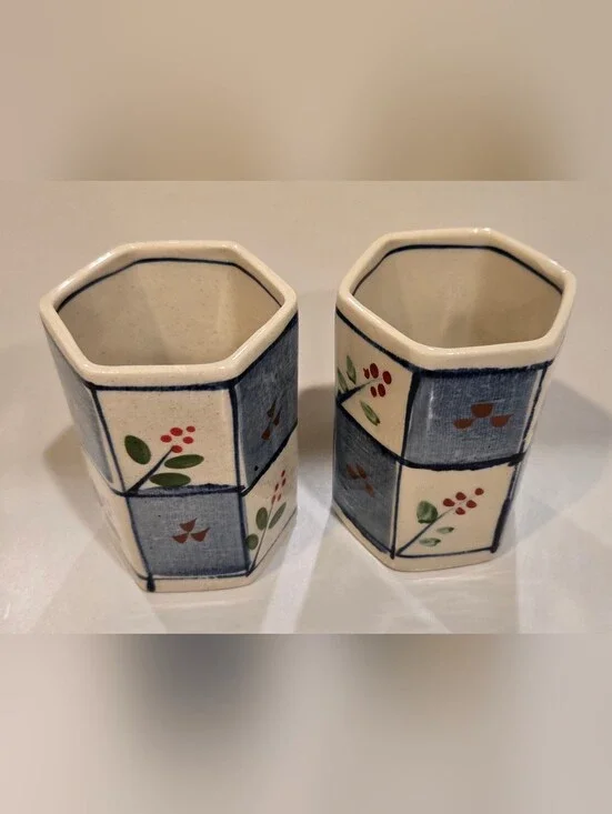Vintage Katani Ware Hand-Painted Blue and Cream Hexagonal Ceramic Tea Or Saki