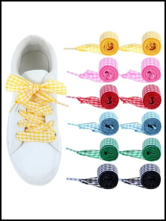 6 Pair Satin Ribbon Shoelaces for Sneakers - Gingham Flat Ballet Shoe Strings