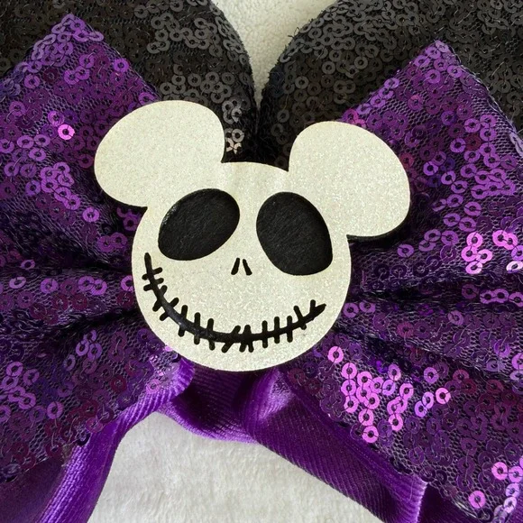 Disney Nightmare Before Mickey Ears Headband Jack Skellington Purple‎ Sequin Bow