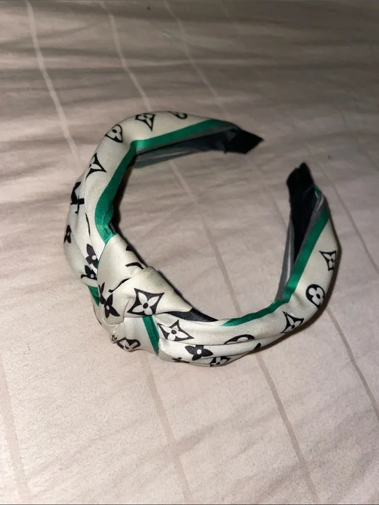 Designer-Style White and Green Patterned Knotted Headband