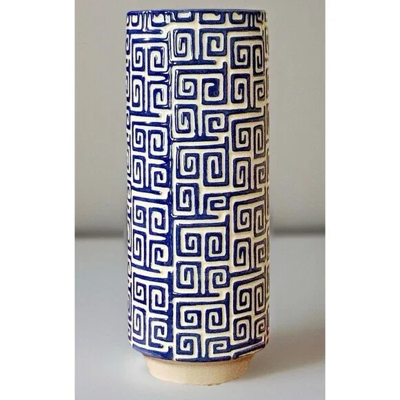 Vtg Inspired Blue White Greek Key Ceramic Vase Chinoiserie Hollywood Regency 10