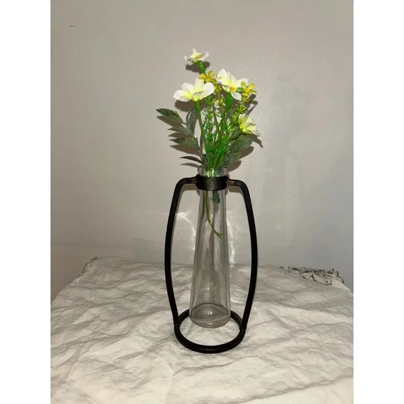 Modern Minimalist Glass Bud Vase with Black Metal Frame Industrial Decor 7.5in