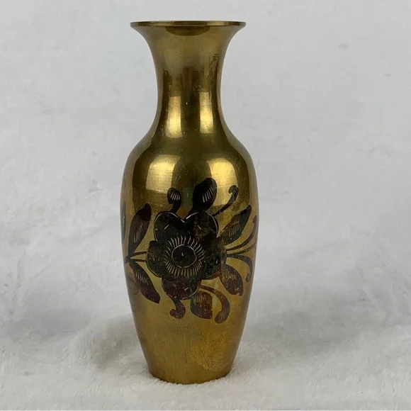 Vintage Brass Bud Vase with‎ etched floral design 6 Inches Tall Original Patina