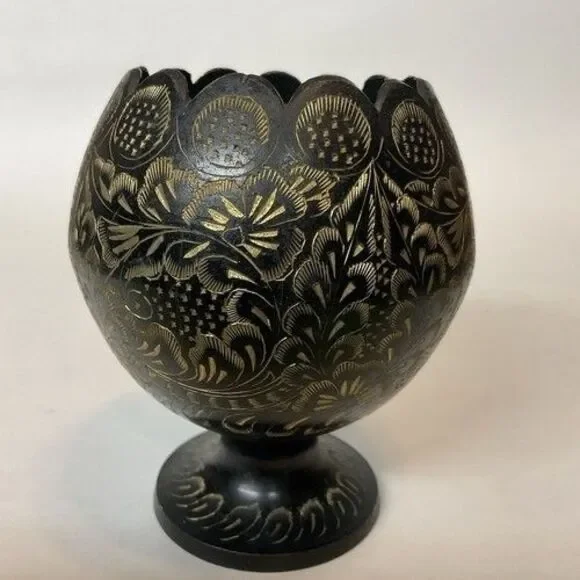 VTG Indian Globe-Like Body‎ Brass Hand Etched Black/Gold Bud Vase Scalloped 4.5
