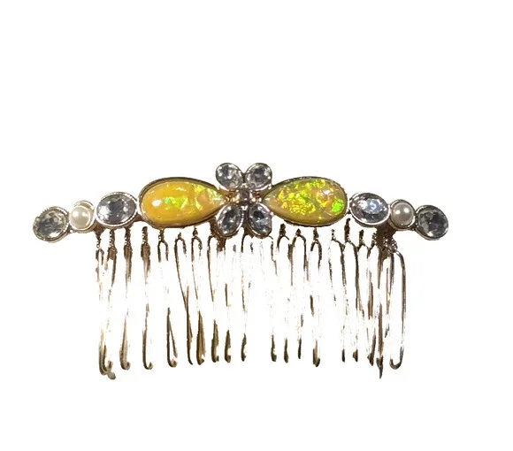 Hair Comb Barrette Rhinestone Faux Pearl Yellow Gold Tone Spring Feminine Party