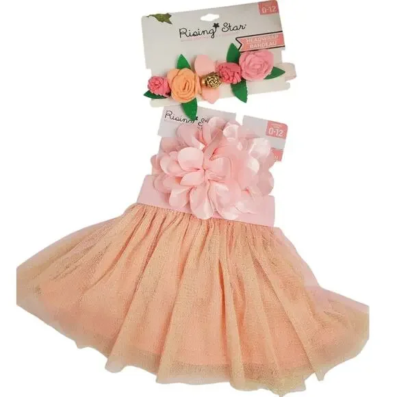 Rising Star Pink Headband Wrap Tutu Set Sz 0-12 Mth New Baby Girl Flower Newborn