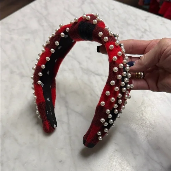 Lele Sadoughi NWOT Flannel Red Black Buffalo Check Headband with Pearl Accent