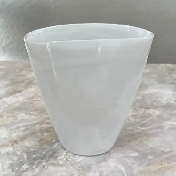 White Opulent Swirls Glass Art Oval Round Vase 7.25