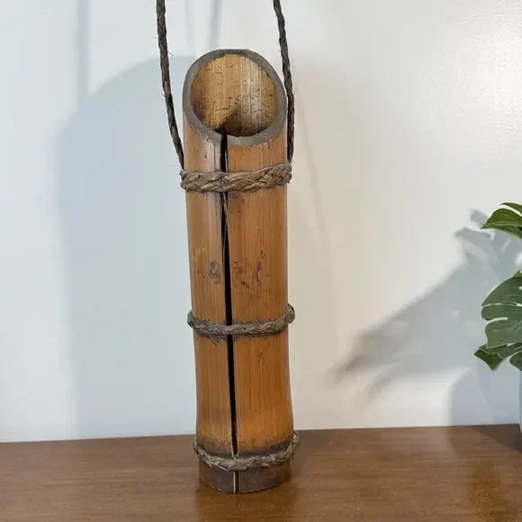 Vintage Handcrafted Bamboo Vase Planter with Braided Rope Handle & Accents 16.5
