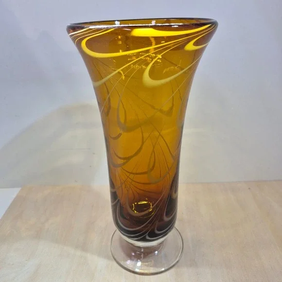 Vintage Amber Art Glass Vase White‎ Swirl Pulled Feather Trumpet Vase 9.5 inch