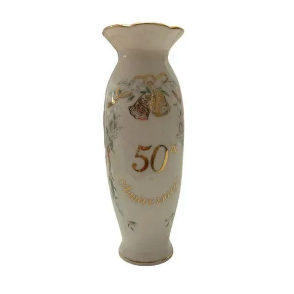 Lefton 50th Anniversary Porcelain Vase Elegant Floral Gold‎ Trim Collectiblech