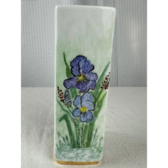 Hand Painted Porcelain Vase Signed K Thrush 1995 Floral Iris Design Gold Trim 8