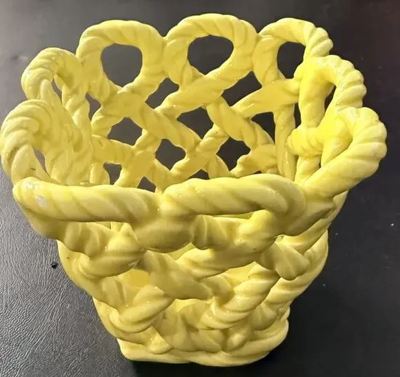 Vintage Made in Spain Yellow Woven Basket Ceramic Planter Cachepot Mid Century