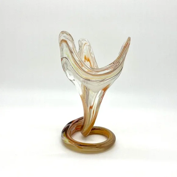 Art Glass Vase Swirl Design Amber Brown Clear Decor Bud‎ Vase