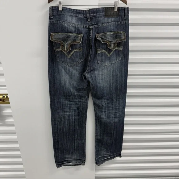 Sacred Cult Jeans Mens 36x34 Dark Wash Straight Flap Pocket Y2K Distressed