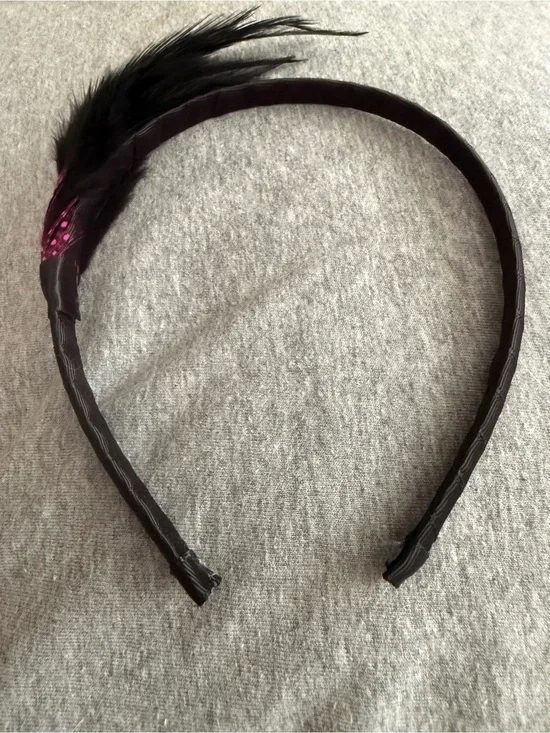 Black Feather Accent Headband with Pink Detail