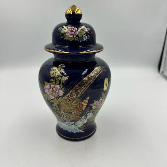 Vintage‎ Yamaji Japan Cobalt Blue Lidded Jar Gold Pheasant 8