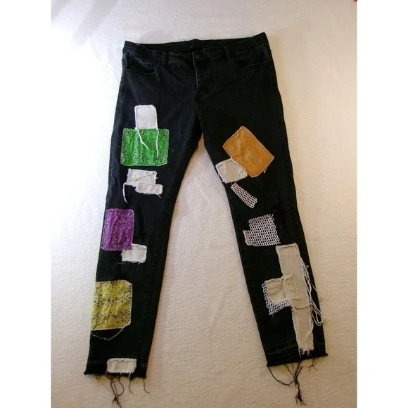Valabasas Mens Black Bandana Patchwork Distressed Slim Fit Jeans‎ Size 40