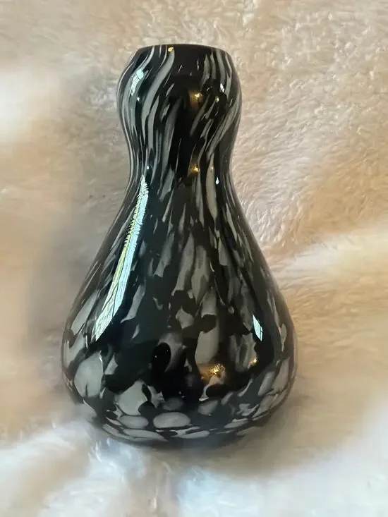 Vintage Black White Art Glass Bud Vase Hand Blown Confetti Speckled 4.5